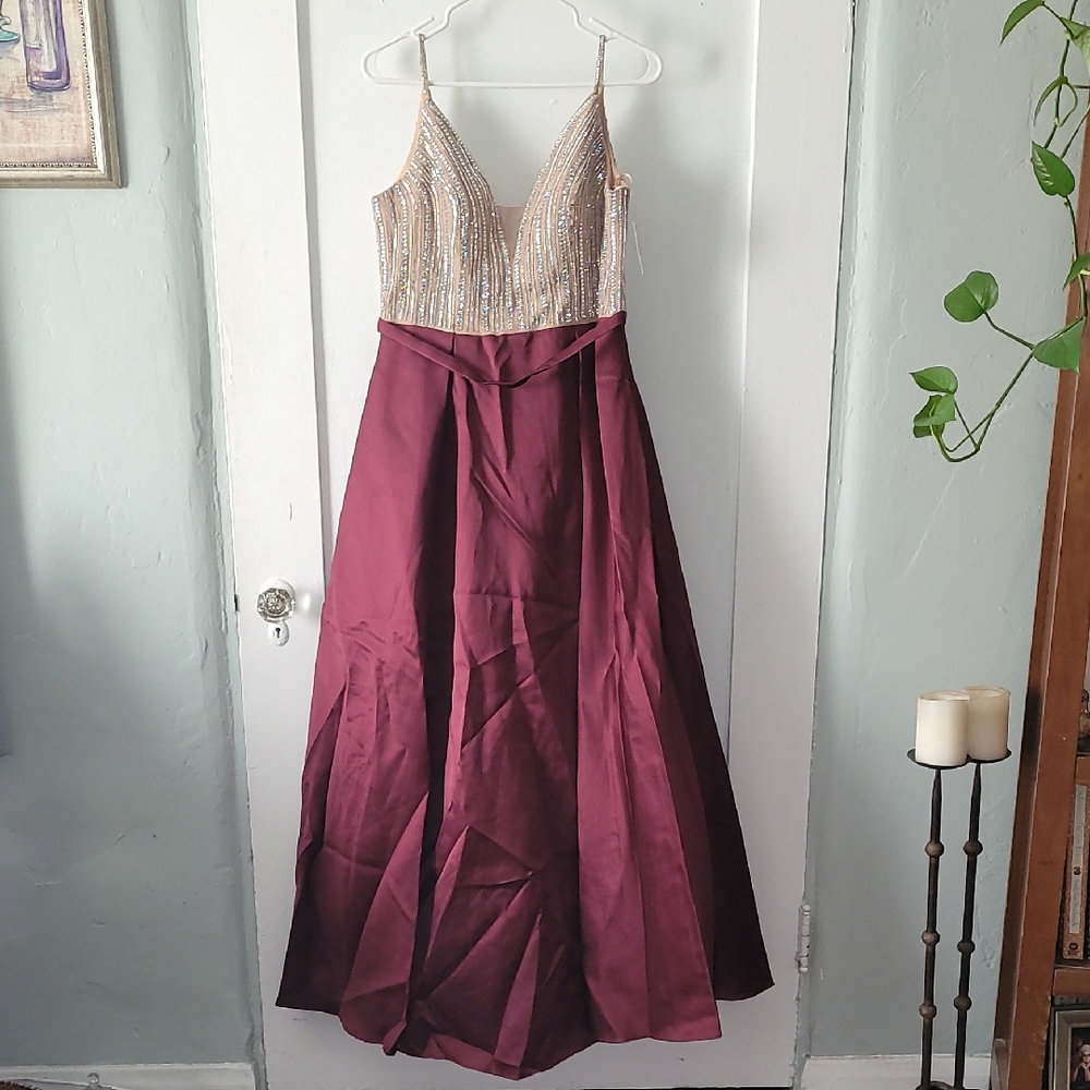 Stunning Xscape Beaded Nude & Burgundy Gown